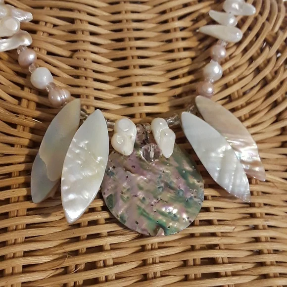 Handmade Sea Goddess statement necklace freshwater pearls, Abalone shell Artisan - Picture 4 of 10